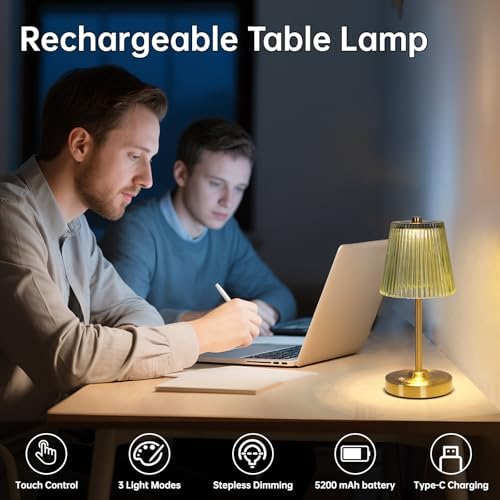 Shenmoyl Cordless Touch Table Lamp with 5200mAh Battery - 3 Adjustable Color Temperatures & Dimmable, Rechargeable Desk Lamp for Bedroom, Living Room, Office, Entryway, Bookshelves (Green Stripe)