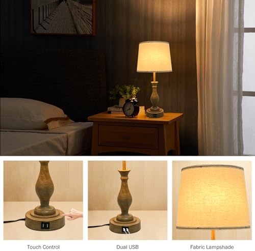 LALISU Farmhouse Table Lamp Touch Control 3-Way Dimmable Table Lamp, Modern Nightstand Lamp with 2 USB Port Bedside Desk Lamp with Fabric Shade for Living Room (Pack 1-Beige Shade & Touch)