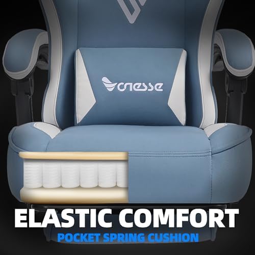 Vonesse Gaming Chair, Computer Chair Fabric with Pocket Spring Cushion, Office Chair with Footrest and Massage Lumbar Support, Reclining Gaming Chairs for Adults 250LBS (Blue)
