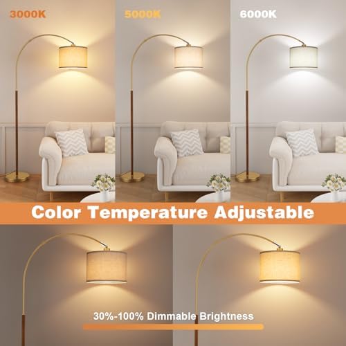 Ambimall Dimmable Arc Floor Lamp with Remote, Color Temp Adjust, Woodgrain