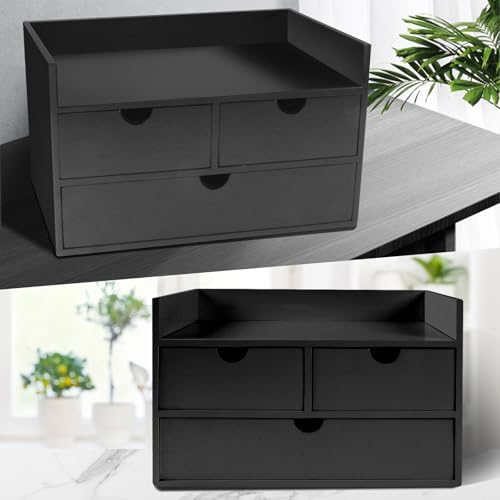 Charmewooden Bamboo Desk Organizer 3 Drawer with Shelf, Countertop Organizer with Drawers Makeup Storage Drawer 3 Drawers Tabletop Storage Organization Box Home Office Workspace（Black）