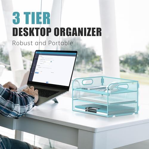 DALTACK 3 Tier Paper Organizer for Desk, Sliding Paper Trays, Blue