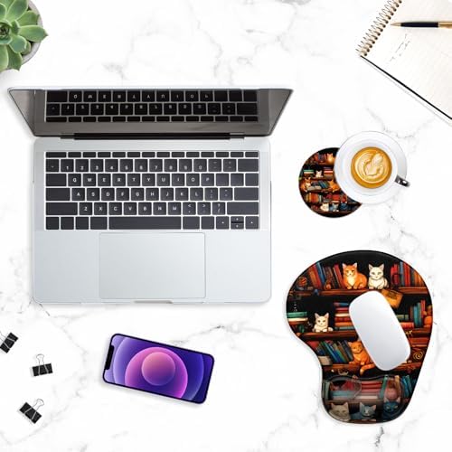 ITNRSIIET Ergonomic Mouse Pad Coaster Set with Gel Wrist Support Wrist Rest Smooth Surface Non-Slip PU Base Comfortable Office Supplies Pain Relief, 9.5 x 8.3 inches, Cat on the Desk