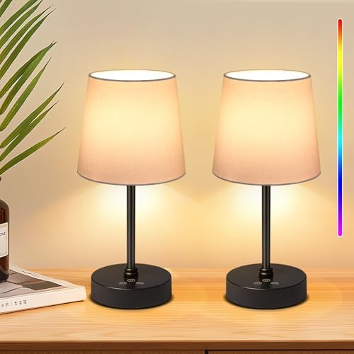 Wowag Small Cordless Table Lamp,5000mAh Rechargeable Battery Operated Desk Lamp,3 Colors & 7 RGB Stepless Dimmable, Portable Touch Wireless Lamp for Bedroom,Dining Table,Restaurant 2 Pack (White)