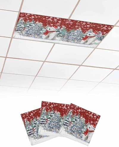 Red Christmas Magnetic Fluorescent Light Covers for Ceiling Lights 2 x 4 Feet,Snowflakes Retro Snowy Pine Tree Bear Office Classroom Kitchen Drop Ceiling Light Covers Filters Shade Panel 3 Packs