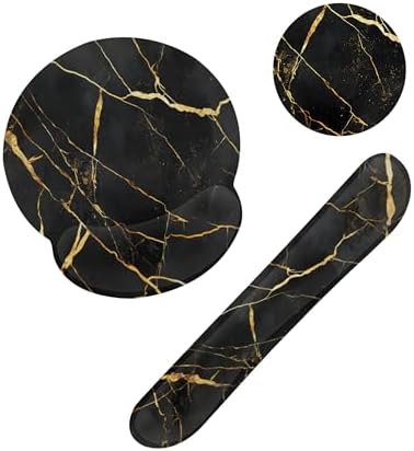 Golden Black Flowing Marble Mouse Pad with Wrist Rest and Keyboard Wrist Rest Set, Non-Slip Rubber Base Memory Foam Mouse Pad Set for Women, Office Desk Accessories, Gaming