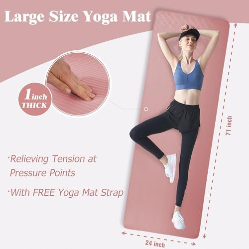 Fitvids 1 Inch Thick Yoga Mat 71x24 Inch - Non Slip Workout Mat with Carry Strap, Multiple Colors - Versatile Exercise Mat for Home, Gym, Pilates, Meditation - For All Skill Levels