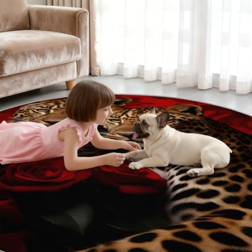 Leopard Round Area Rug - 5ft Cheetah Print Round Rug for Living Room, Animal Floral Circle Rugs Washable Soft Non-Slip Carpet for Bathroom Bedside Sofa Coffee Table Decor Mat