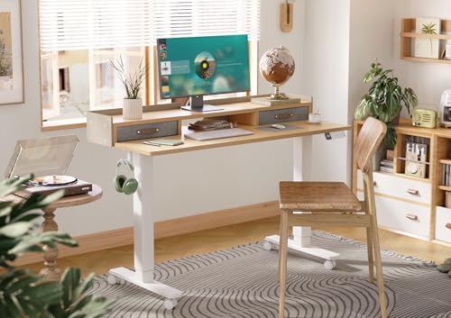 Claiks Standing Desk with Drawers & Wheels, 2 Height Shelf 55" Natural