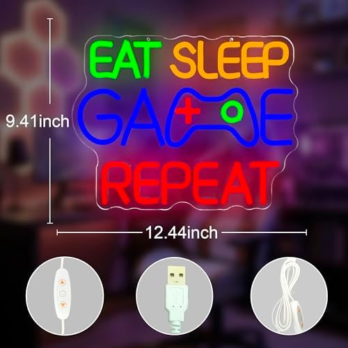Eat Sleep Game Repeat Neon Sign Gaming LED Sign for Boys Room USB Powered Light Up Gamer Sign Decor for Man Cave Bar Bedroom Gaming Room Neon Wall Art for Men Gifts for Boys