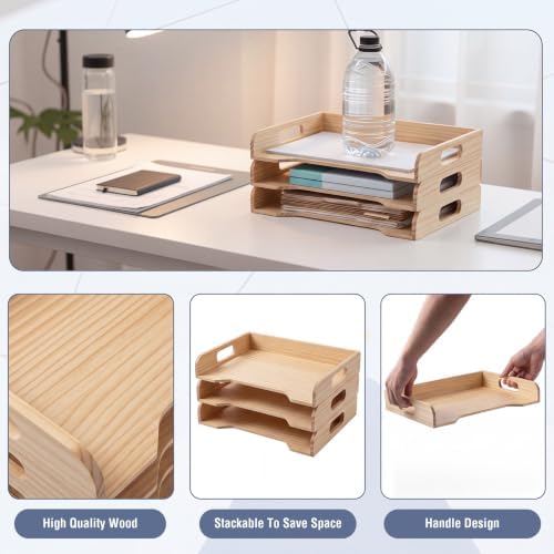 Yinkin Wooden Stackable Paper Trays 4-Tier Wooden Paper Organizer for Desk Letter Documents Wood Desktop File Organizers for Desktop File Holder and Office Supplies Rack for Home Office Use (Natural)