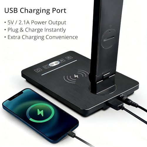 Desk Lamp with Wireless Charger, USB Charging Port, Smart Display Clock, Adjustable Brightness and Color Temperature, Touch Control Desk Light for Office and Bedroom