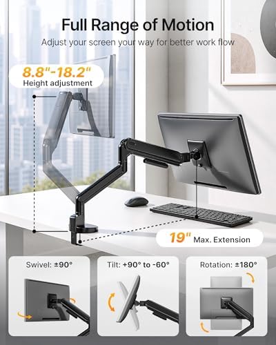 monTEK Aluminum Single Monitor Arm, 17–40" Full Motion with USB，Black