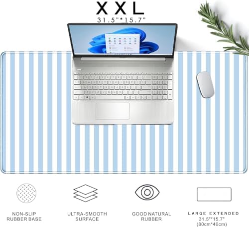 Blue Striped Desk Mat Cute Pastel Large Mouse Pad Kawaii Aesthetic Extended Mat for Home Office Desk Decor Cozy Gaming Keyboard Pad 31.5 X 15.7