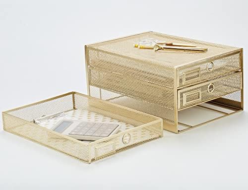 Annova Desk Organizer Wire Mesh 3 Tier Sliding Drawers Paper Sorter/Multifunctional/Premium Solid Construction for Letters, Documents, Mail, Files, Paper, Kids' Art Supplies (Gold)