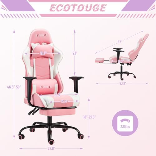 Pink Ergonomic High Back Massage Gaming Chair with Footrest