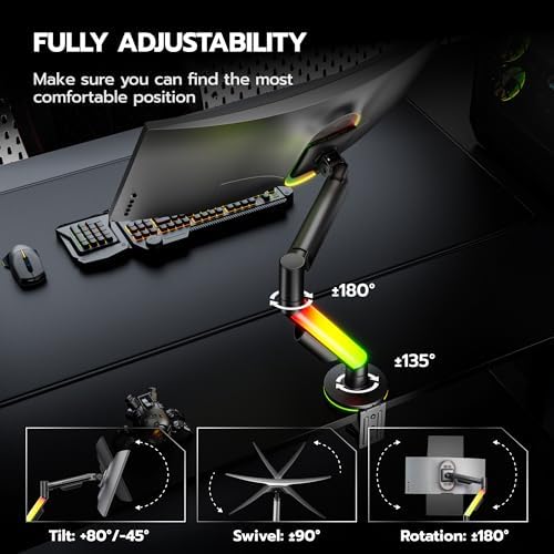 ARES WING RGB Single Monitor Arm Desk Mount for 17-40 inch Monitors, Black
