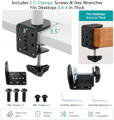 Yalikop 2 Pack Heavy Duty Desk Clamp for Monitor Mount Universal Desk Grommet Mount Adapter Black Steel Replacement C Clamp Fits 0.4-4 Inch Thick, Compatible with Monitor Arm, Microphone Boom Arm
