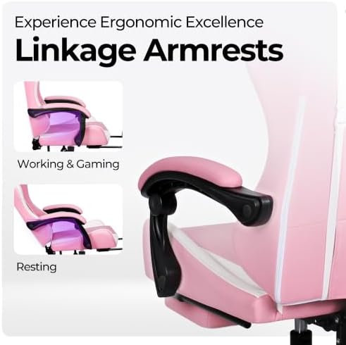 N-GEN GAMING Gaming Chair with Footrest, Lumbar, High-Back, Pink White