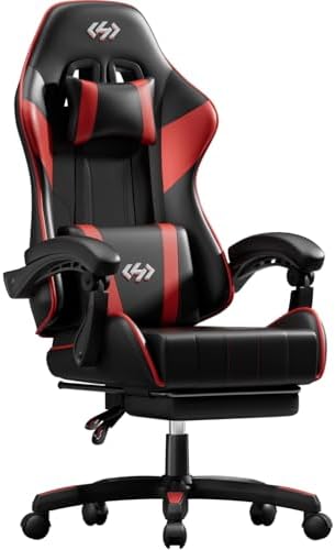 HLDIRECT Gaming Chair with Footrest, Lumbar Support & Headrest, Black&Red