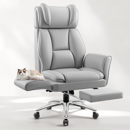 Big and Tall Office Chair, Flip Armrests for Cross Legged Sitting, Ergonomic Leather Executive Desk Chair with Foot Rest, High-Back Reclining Computer Chairs for Office Home Game - Light Gray