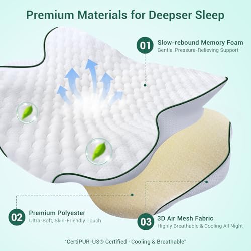 AZBESTPRO Memory Foam Cervical Pillow for Neck Support & Pain Relief, Butterfly Ergonomic Design – 24×15.75×5.7 Inches, Removable 100% Polyester Pillowcase, Suitable for Side & Back Sleepers (Green)