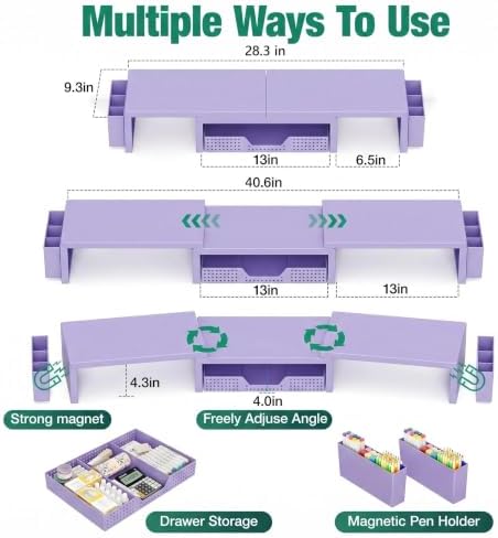 OPNICE Desk Organizer and Accessories, Computer Monitor Stand Riser with Drawer and 2 Pen Holders, Laptop Stand, Office Desk Accessories for Office Supplies, Purple