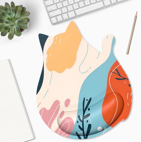 Ergonomic Mouse Pad with Wrist Rest, Cute Cat Memory Foam Padded Pain Relief Non-slip Wrist Support Mouse Mat for Gaming Work Computer Laptop, Funny Office Supplies Desk Accessory, Abstract Art