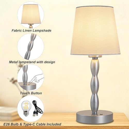 CASTLELIFE Rechargeable Cordless Table Lamp, 5000mAh Battery Powered Touch Desk Lamp, 3-Level & Stepless Dimmable Night Light, Portable Bedside Lamp for Bedroom, Outdoor, Bulb Included, Silver