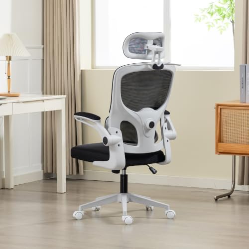 Ergonomic Office Chair with Flip-up Arms & Coat Hanger, Grey