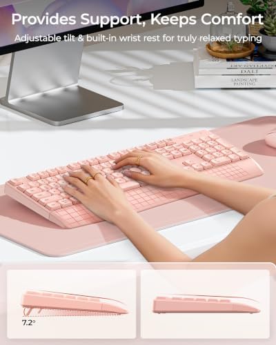 seenda Wireless Bluetooth Ergonomic Keyboard Mouse Combo, Full Size, Pink