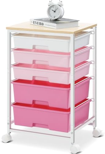 SYKIARIOL Utility Cart with Drawers,5 Drawers Storage Cart,Rose Pink