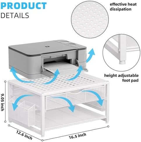 Marbrasse Metal Printer Stand for Desk with Storage Drawer and 2 Pen Holders, 2-Tier Desktop Organizer Printer Table for Home Office, Multi-Purpose Desk Organizer for Fax Machine Scanner Files(White)