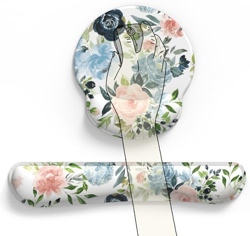 Green Blue Pink Floral Mouse Pad Wrist Support Keyboard Wrist Rest Set, Ergonomic Mouse Pad with Non-Slip Pu Base for Computer Office Comfortable Mouse Wrist Rest Easy Typing & Pain Relief Mouse Pad.