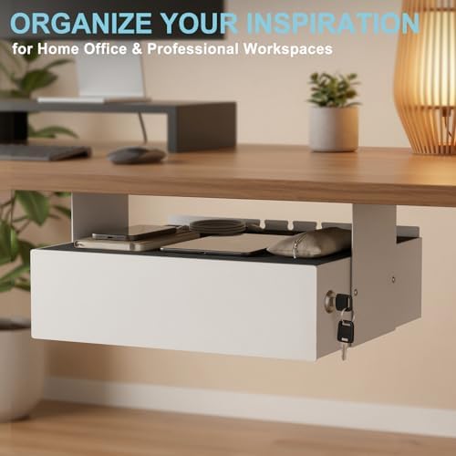 Under Desk Drawer Slide Out, Lockable Steel Drawer,13.8",White