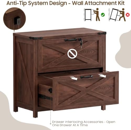 Halitaa Farmhouse Lateral File Cabinet with 2 Drawers, Walnut