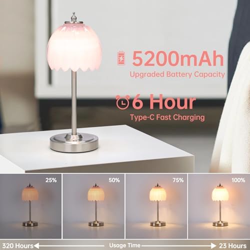 Shenmoyl Rechargeable Table Lamp with 5200mAh Battery & Touch Control - 3 Adjustable Color Temperatures, Cordless Dimmable Table Light for Bedroom, Office Desk, Nightstand (Creamy Pink,Silver Base)