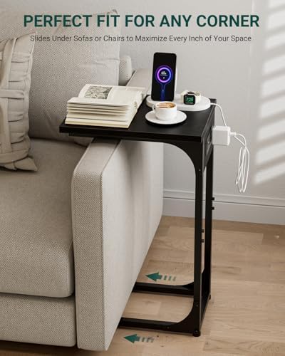 C-Shaped Side Table for Couch - Small Coffee Stand Sofa Tray Desk with Metal Frame Waterproof Scratch Resistant Wood Top and Built-in Charging Station, Black