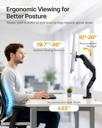 monTEK Aluminum Single Monitor Arm, 17–40" Full Motion with USB，Black