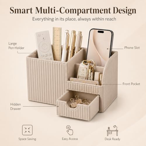 KINGFOM Luxury PU Leather Desk Organizer with Drawer, Modern Aesthetic Office Desk Accessories for Men & Women, Multi-Compartment Pen Holder & Desktop Storage Organizer for Home Office