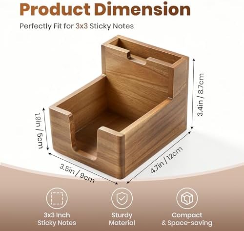Acacia Wood Sticky Note Holder with Pen Slot, 3x3 Sticky Note Dispenser for Desk, Non-Slip Pads Office Storage Organizer