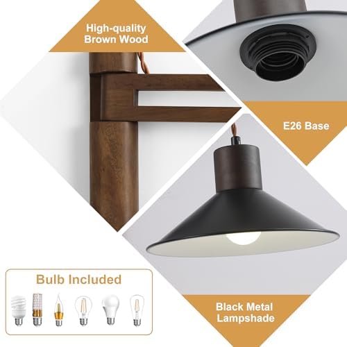 maesta Plug in Wall Lamp, Wood Swing Arm Wall Sconce for Bedroom