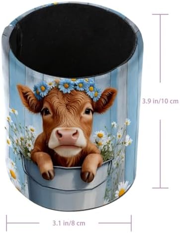 Highland Cow Daisies Farmhouse Pen Holder Pencil Organizer Cute Pencil Cup Desk Decor Makeup Brush Holder PU Multifunctional Office Supplies for Home Classroom School