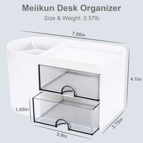 Meiikun Desk Organizer with Drawer, Pen Organizer for Desk, Small Pencil Holder, Desk Organizers and Accessories for Office Home Storage (2 Drawers+4 Compartments, White)