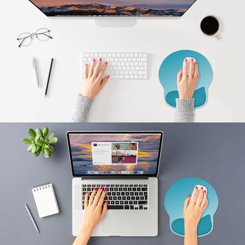 ITNRSIIET Ergonomic Mouse Pad with Wider Memory Foam Wrist Rest +17%, Curved Cushion Reduces Pressure 20%, Pain Relief, Non-Slip, Smooth, Cute Color Desk Accessory, 9.85 x 9 inch, Blue