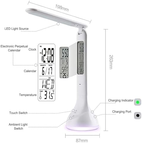 AYI Desk Lamp with LED Display Eye-Caring LED Table Lamp with Calendar, Temperature Display, Multi-Angle Adjustable 7-Color Gradient Ambient Modern Office Lamp for Home & Office-T19 White