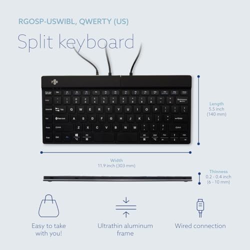 R-Go Ergonomic Split Keyboard, Scissors Mechanism, Anti-Carpal Tunnel, 2 Part Design Keyboard for Arthritis, with Break Software, QWERTY (US) Layout, USB-C Wired, for Windows/MacOS, Black