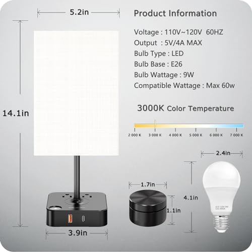 Bedroom Nightstand Lamp with Charger, Touch Table Lamps with Remote Control
