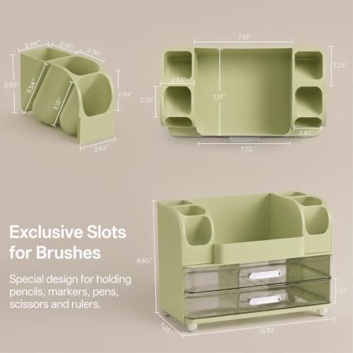 HBlife Desk Organizer with Pencil Pen Holder for Desk, Pen Organizer with 2 Drawers, Desk Organizers and Accessories with Compartments, Desktop Storage for Office, Home, School, Art Supplies, Green