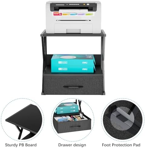 aboxoo Printer Stand for Desk with Storage Drawer, 2 Tier Desktop Or Under Desk Shelf, Multi-Purpose Desks Organizer for Home Office, fit Fax Machine/3D Printer/Scanner, Black